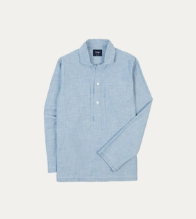 Premium Feel Nautical Look Blue Cotton Chambray Spread Collar Popover Shirt