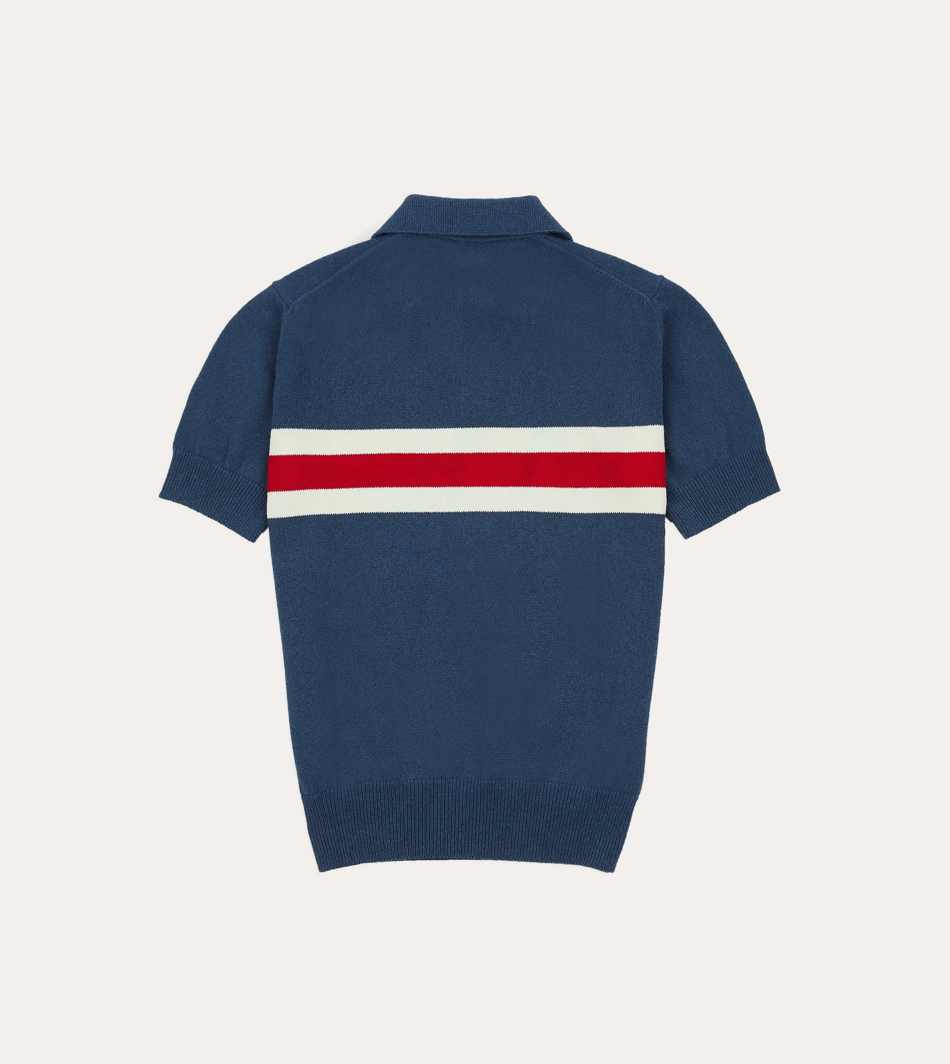 Blue Stripe Knitted Crepe Cotton Short-Sleeve Polo Shirt Double Layered Collar