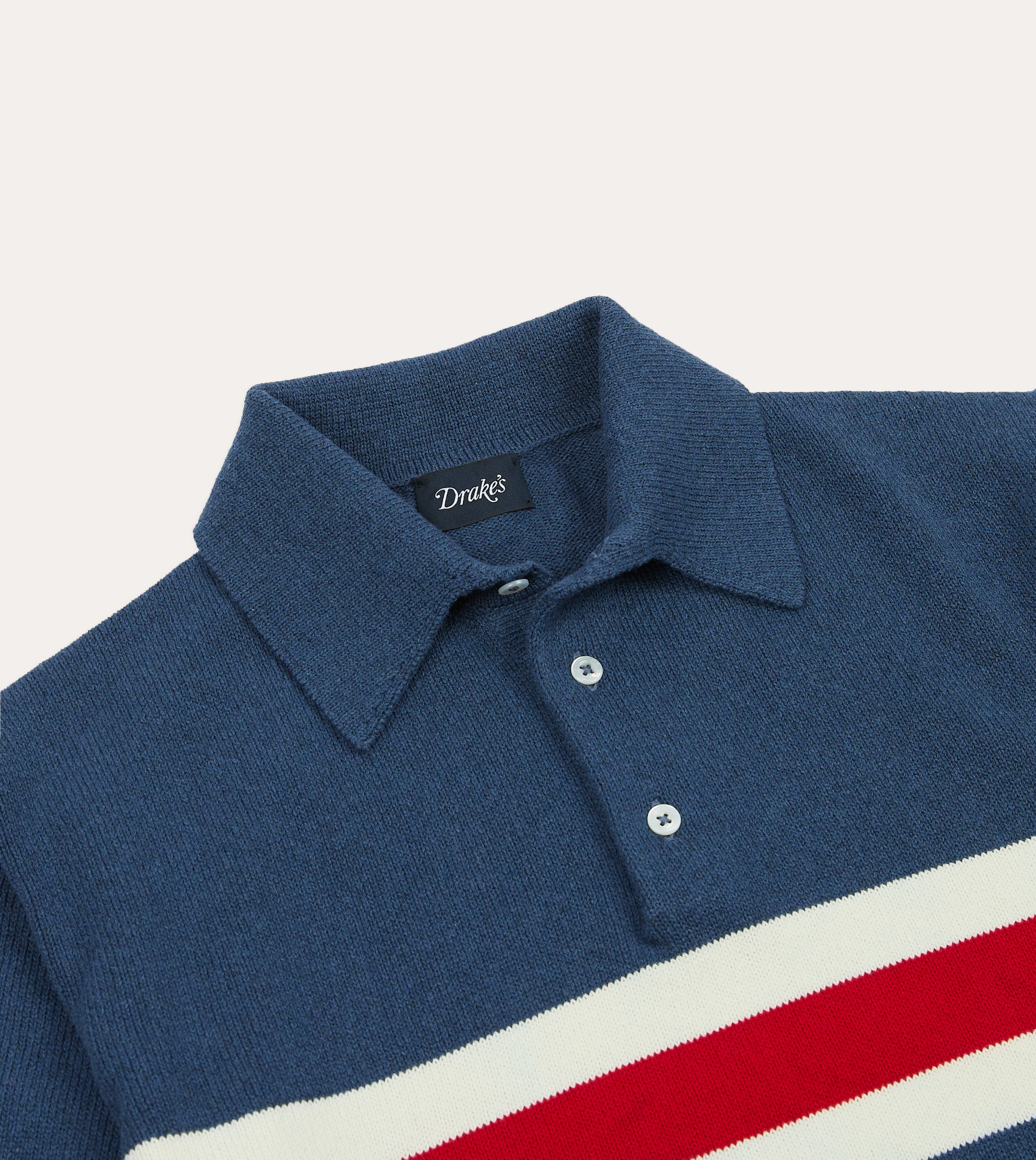 Blue Stripe Knitted Crepe Cotton Short-Sleeve Polo Shirt Sleek Fit