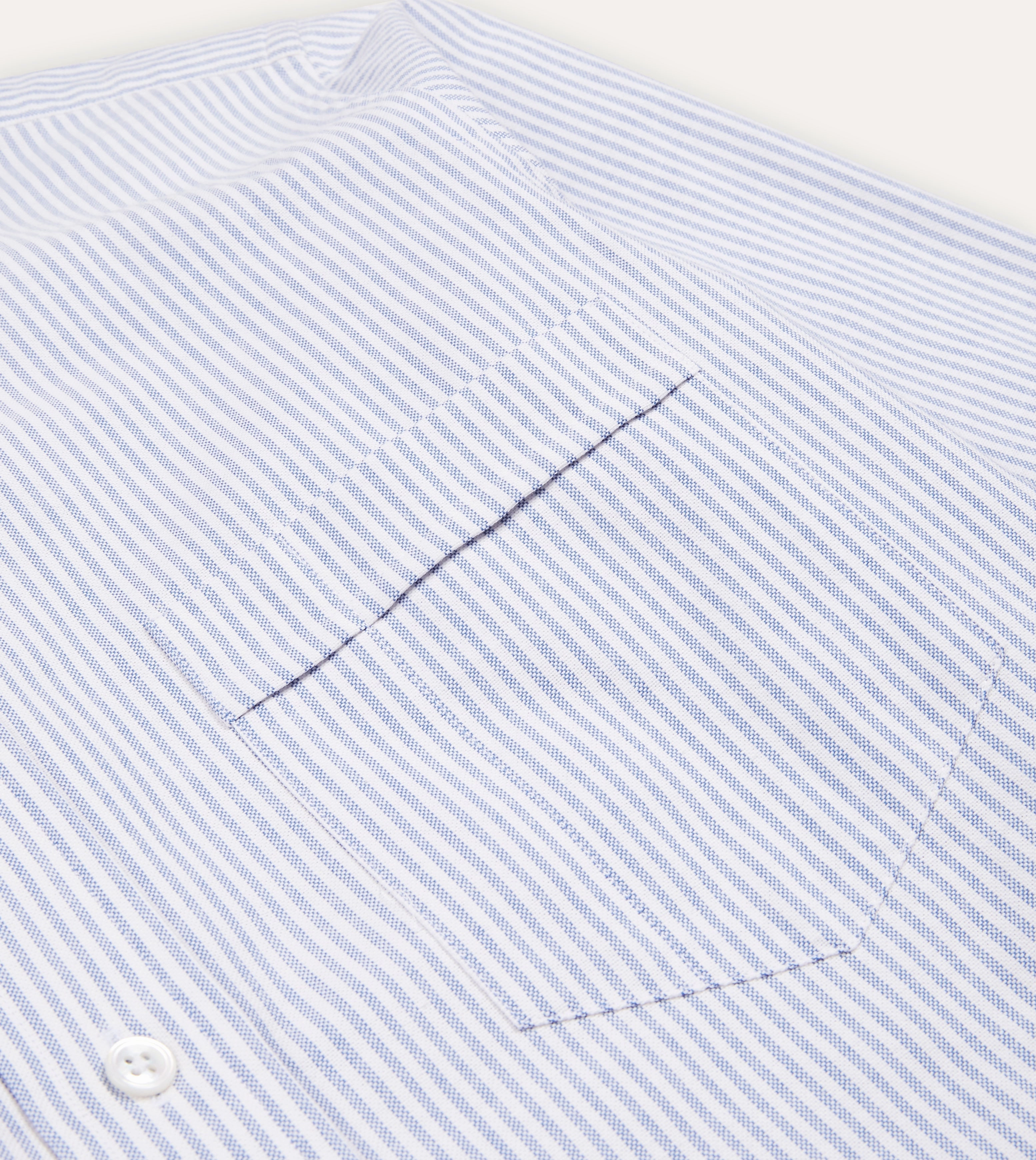 Blue Ticking Stripe Cotton Oxford Cloth Button-Down Shirt All Day Comfort Tech Layered Hemline