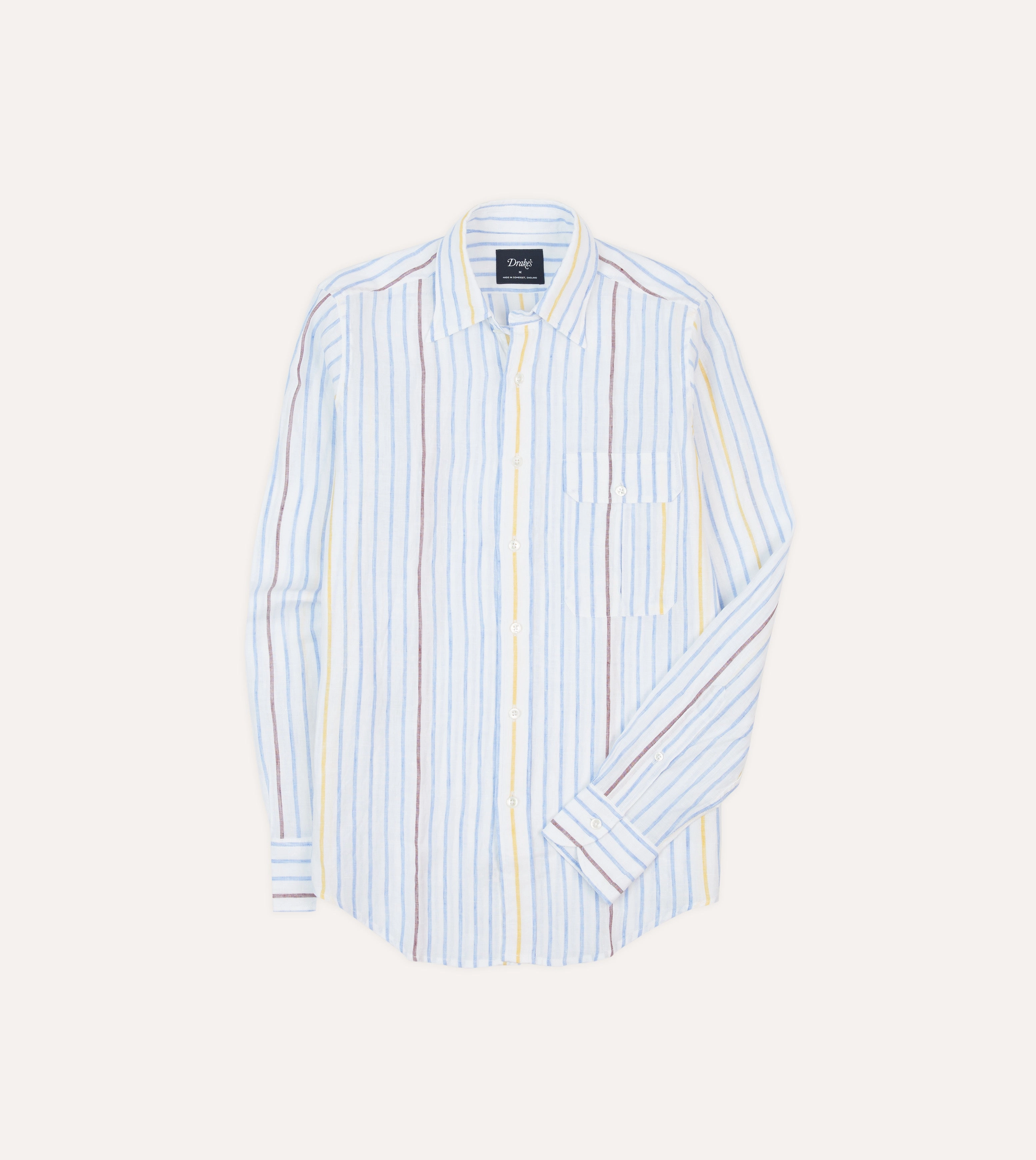 Blue, White and Yellow Stripe Linen Long Point Collar Shirt Sophisticated Elegance