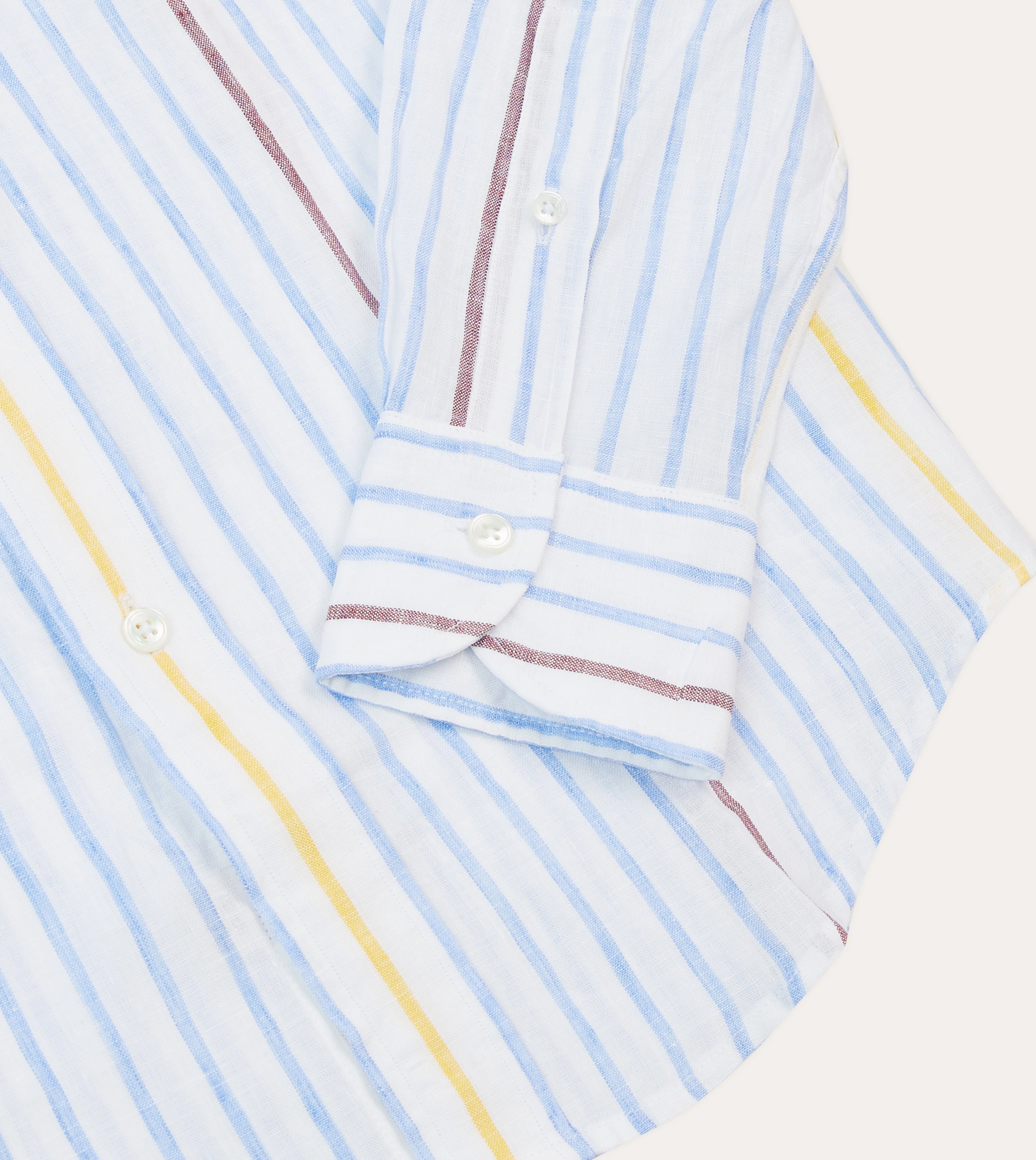 Blue, White and Yellow Stripe Linen Long Point Collar Shirt Double Stitched Hems Reinforced Buttonholes