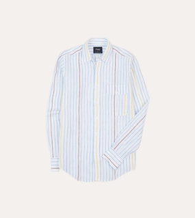 Blue, White and Yellow Stripe Linen Long Point Collar Shirt Sophisticated Elegance