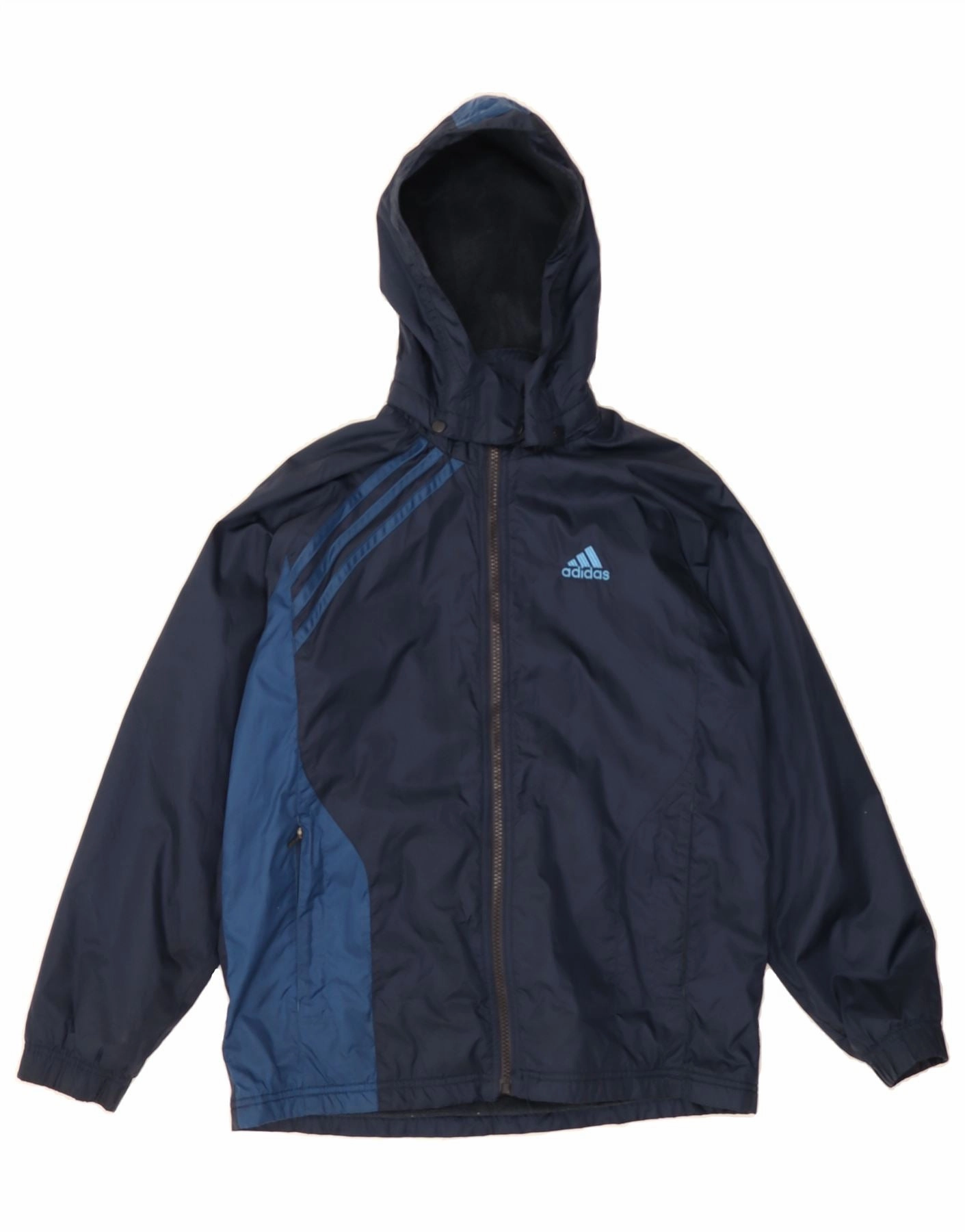hip length library ADIDAS Boys Hooded Windbreaker Jacket 11-12 Years Navy Blue Colourblock