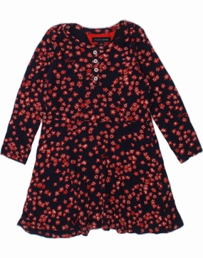 TOMMY HILFIGER Girls Long Sleeve A-Line Dress 4-5 Years XS Navy Blue Floral Pattern Bright Feel