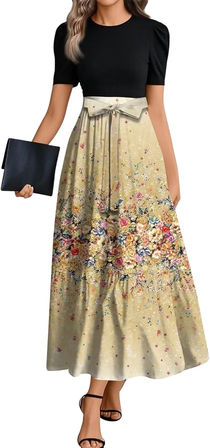 Boho Bow Tie Womens Dresses, Beach 2025 Flower Print Women's Jumpsuits Maxi Trendy High Waisted Womens Romper