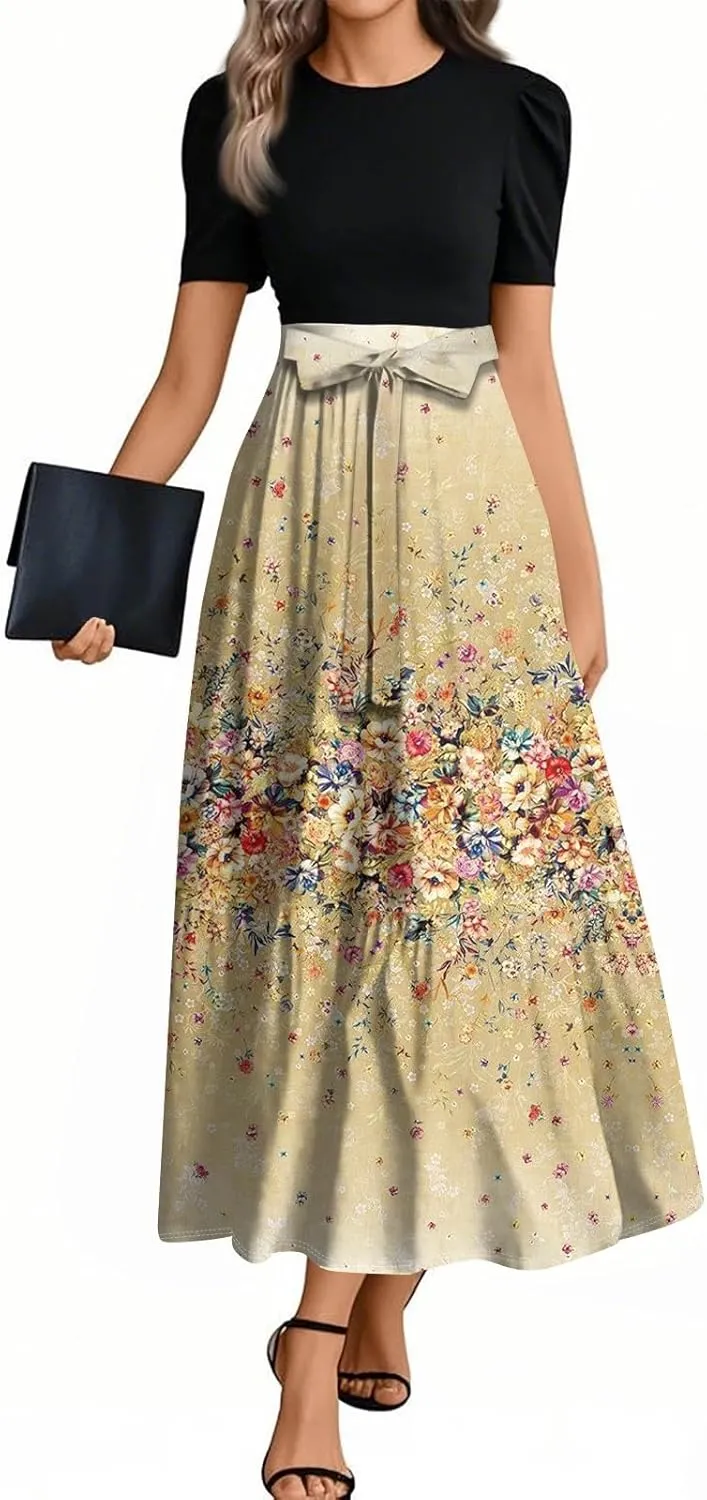 Boho Bow Tie Womens Dresses, Beach 2025 Flower Print Women's Jumpsuits Maxi Trendy High Waisted Womens Romper