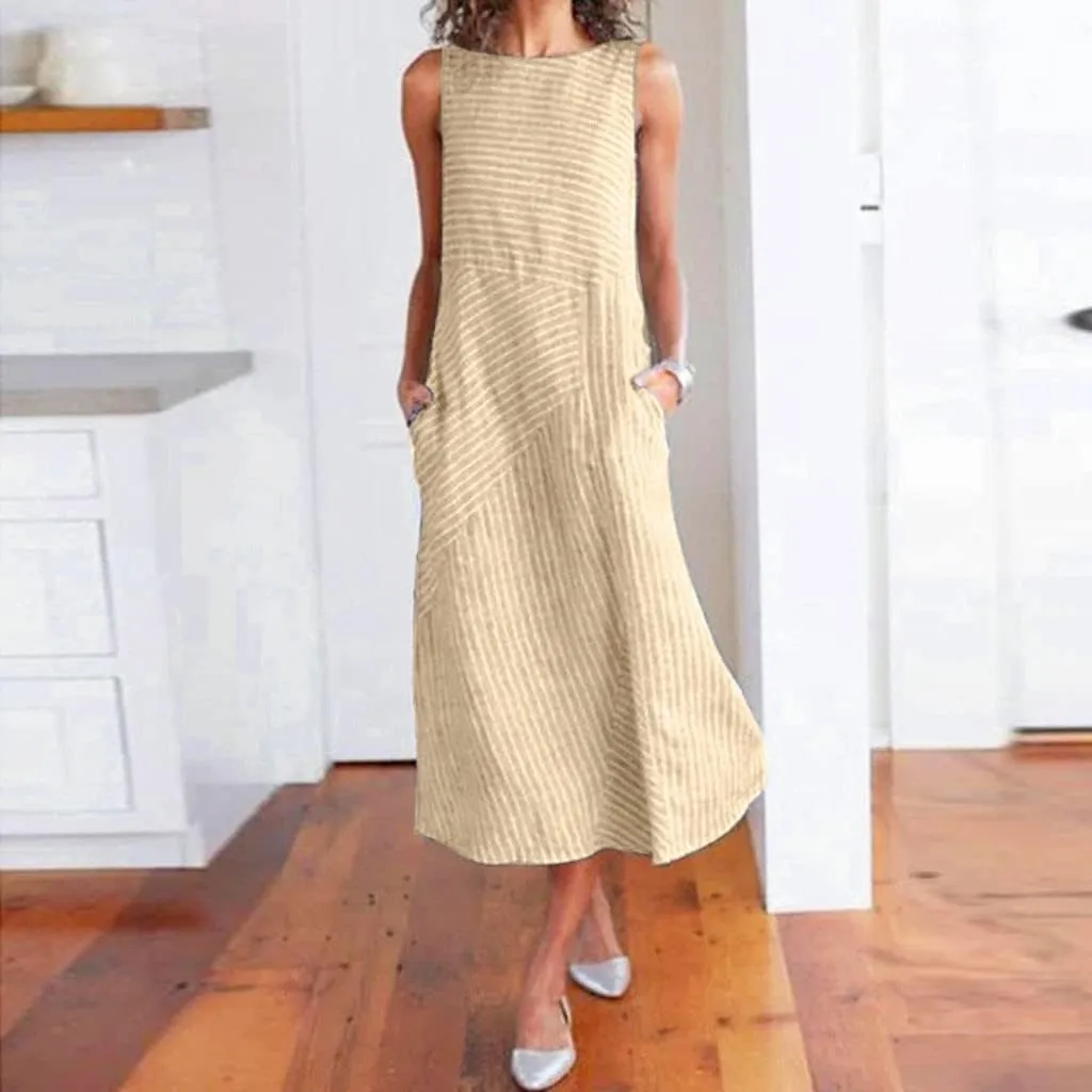 Boho Dress for Women Linen Dress 2025 Summer Sun Sleeveless Going Out Maxi Long Dresses with Pockects