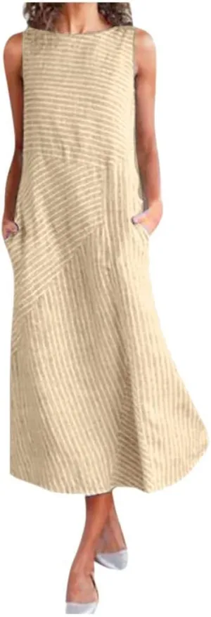 Boho Dress for Women Linen Dress 2025 Summer Sun Sleeveless Going Out Maxi Long Dresses with Pockects