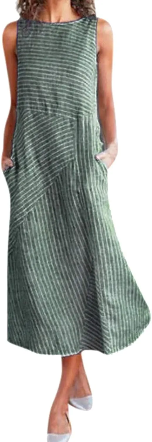 Boho Dress for Women Linen Dress 2025 Summer Sun Sleeveless Going Out Maxi Long Dresses with Pockects