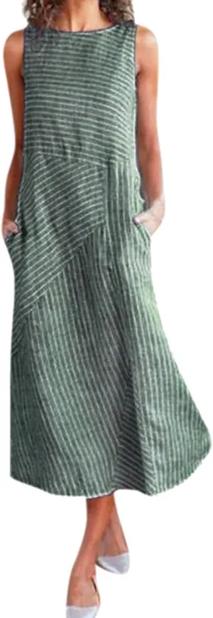 Boho Dress for Women Linen Dress 2025 Summer Sun Sleeveless Going Out Maxi Long Dresses with Pockects
