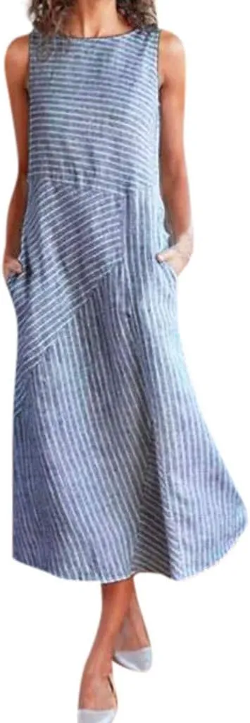 Boho Dress for Women Linen Dress 2025 Summer Sun Sleeveless Going Out Maxi Long Dresses with Pockects