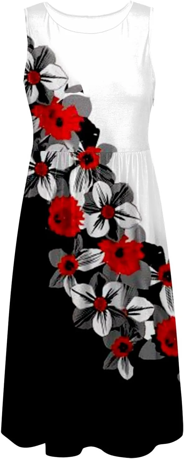 Boho Dresses Women's Spring/Summer Flower Printed Casual Tank Top Pockets Beach Casual Dress Plus Size Flowy