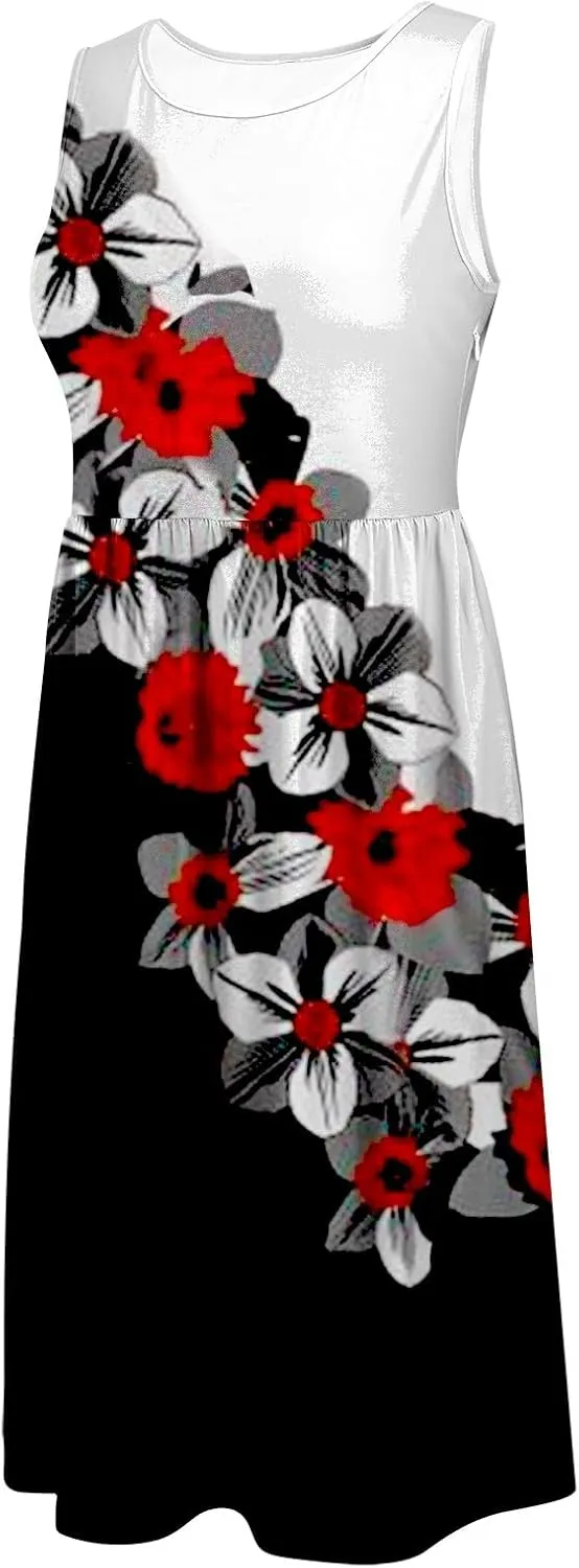 Boho Dresses Women's Spring/Summer Flower Printed Casual Tank Top Pockets Beach Casual Dress Plus Size Flowy