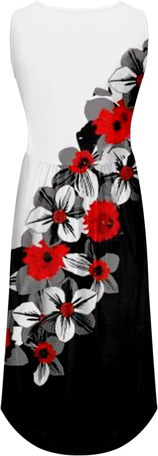 Boho Dresses Women's Spring/Summer Flower Printed Casual Tank Top Pockets Beach Casual Dress Plus Size Flowy