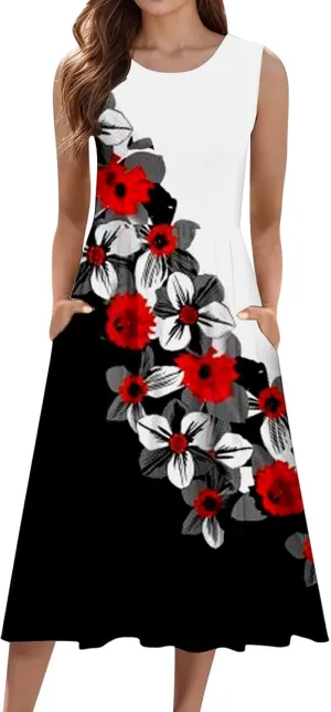 Boho Dresses Women's Spring/Summer Flower Printed Casual Tank Top Pockets Beach Casual Dress Plus Size Flowy
