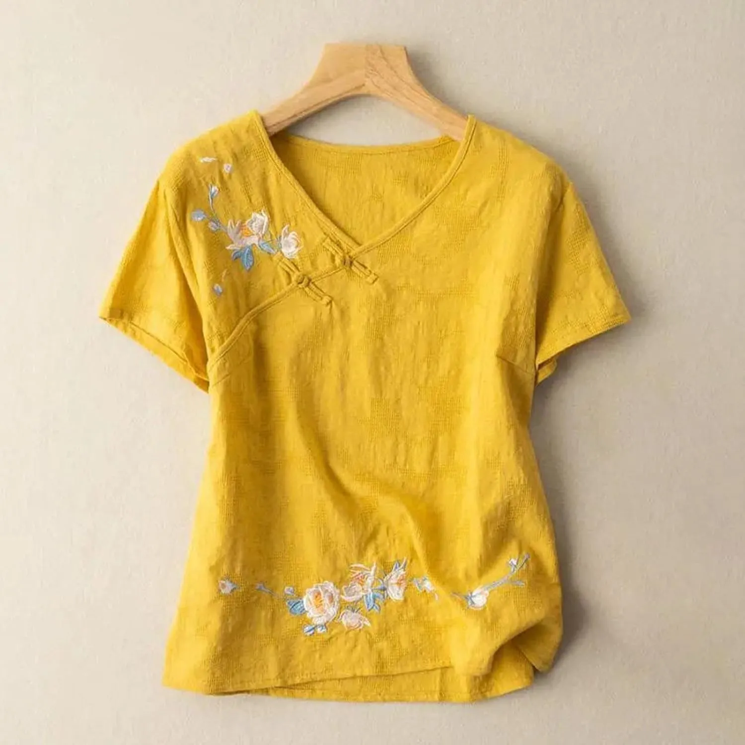 Boho Floral Embroidery Tops for Women Short Sleeve Cotton Linen Shirts Loose V Neck Button Peasant Blouse Tees