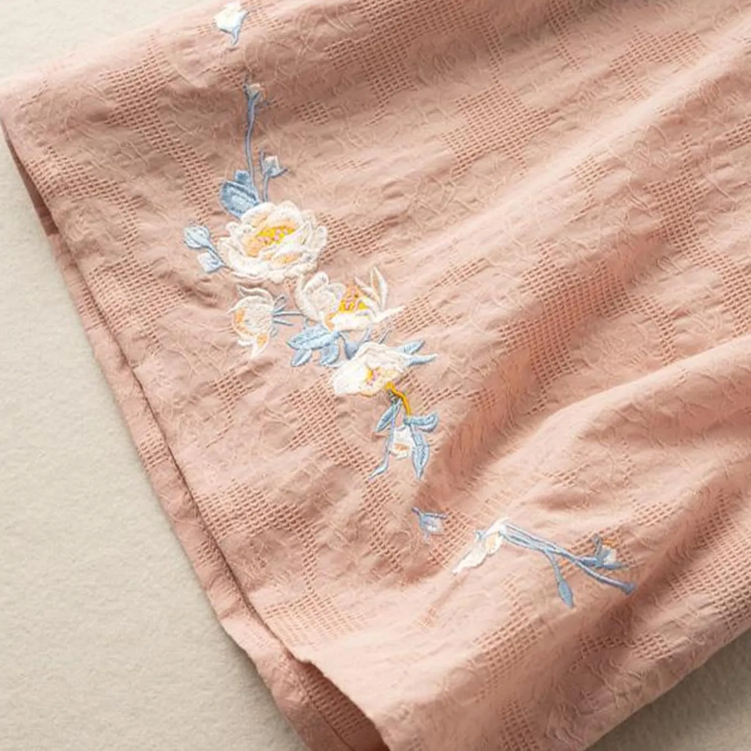 Boho Floral Embroidery Tops for Women Short Sleeve Cotton Linen Shirts Loose V Neck Button Peasant Blouse Tees