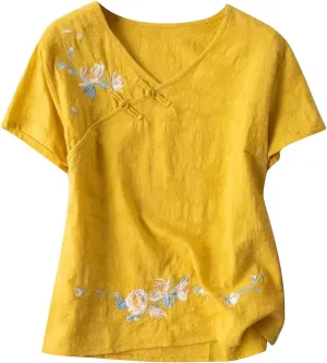 Boho Floral Embroidery Tops for Women Short Sleeve Cotton Linen Shirts Loose V Neck Button Peasant Blouse Tees