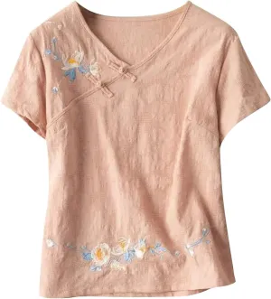 Boho Floral Embroidery Tops for Women Short Sleeve Cotton Linen Shirts Loose V Neck Button Peasant Blouse Tees