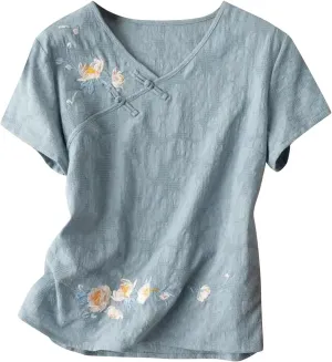 Boho Floral Embroidery Tops for Women Short Sleeve Cotton Linen Shirts Loose V Neck Button Peasant Blouse Tees