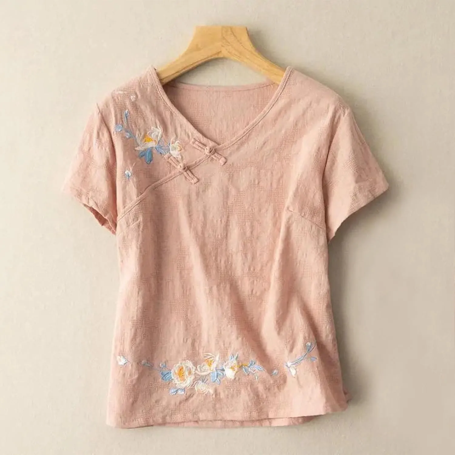 Boho Floral Embroidery Tops for Women Short Sleeve Cotton Linen Shirts Loose V Neck Button Peasant Blouse Tees