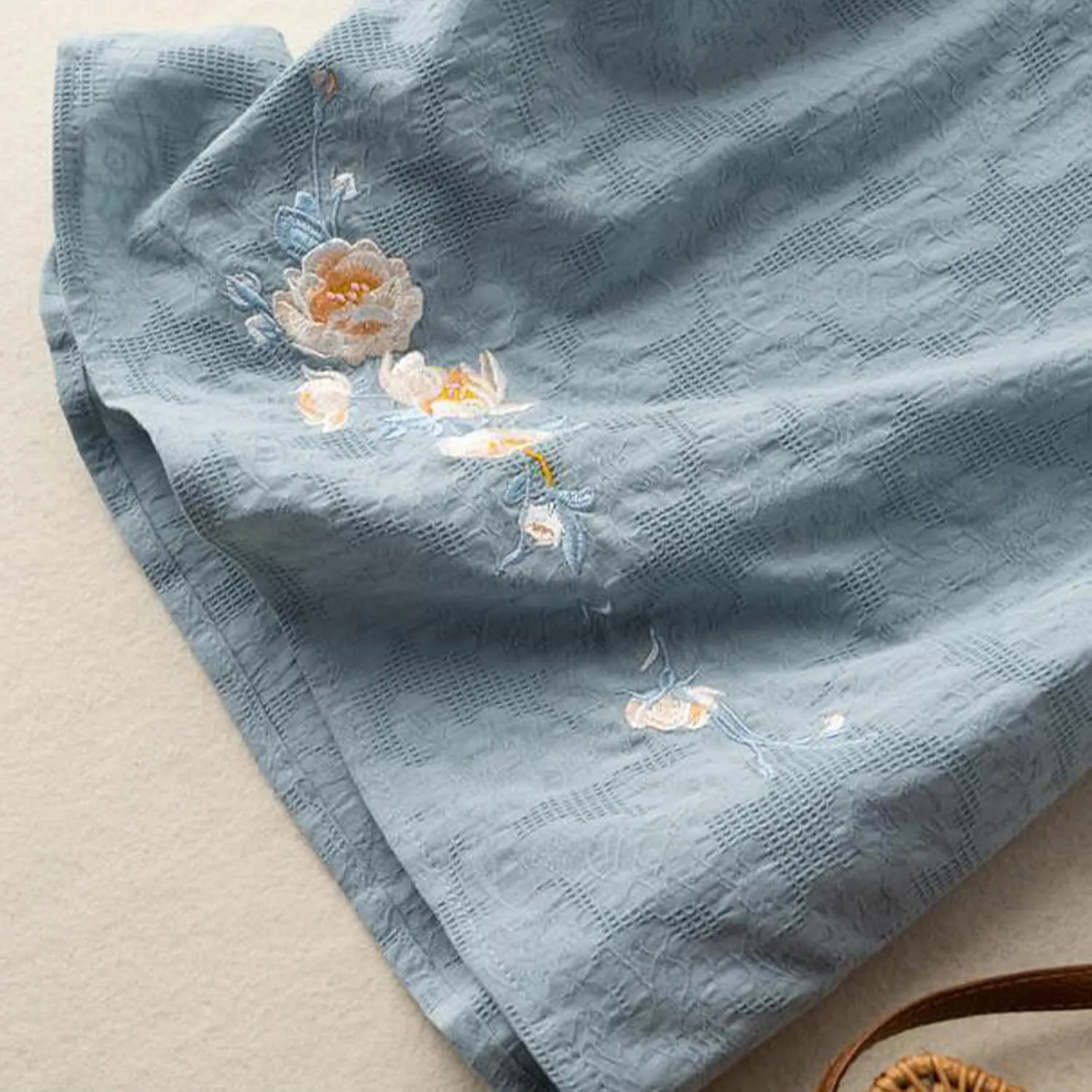 Boho Floral Embroidery Tops for Women Short Sleeve Cotton Linen Shirts Loose V Neck Button Peasant Blouse Tees
