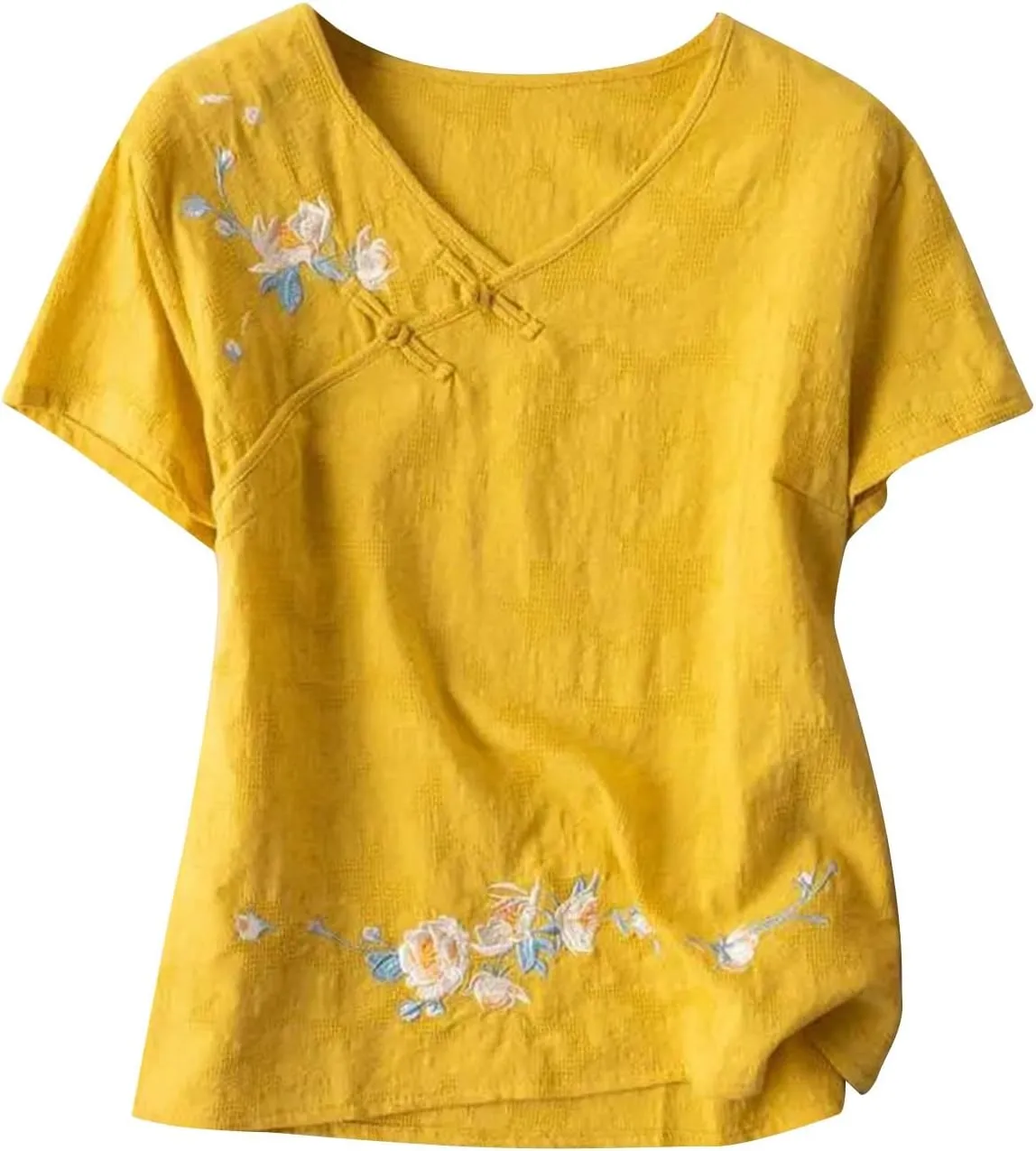 Boho Floral Embroidery Tops for Women Short Sleeve Cotton Linen Shirts Loose V Neck Button Peasant Blouse Tees