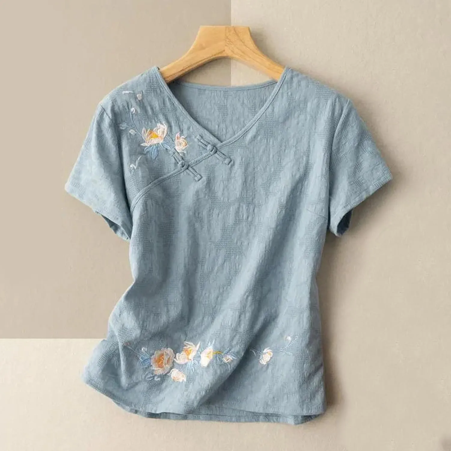 Boho Floral Embroidery Tops for Women Short Sleeve Cotton Linen Shirts Loose V Neck Button Peasant Blouse Tees
