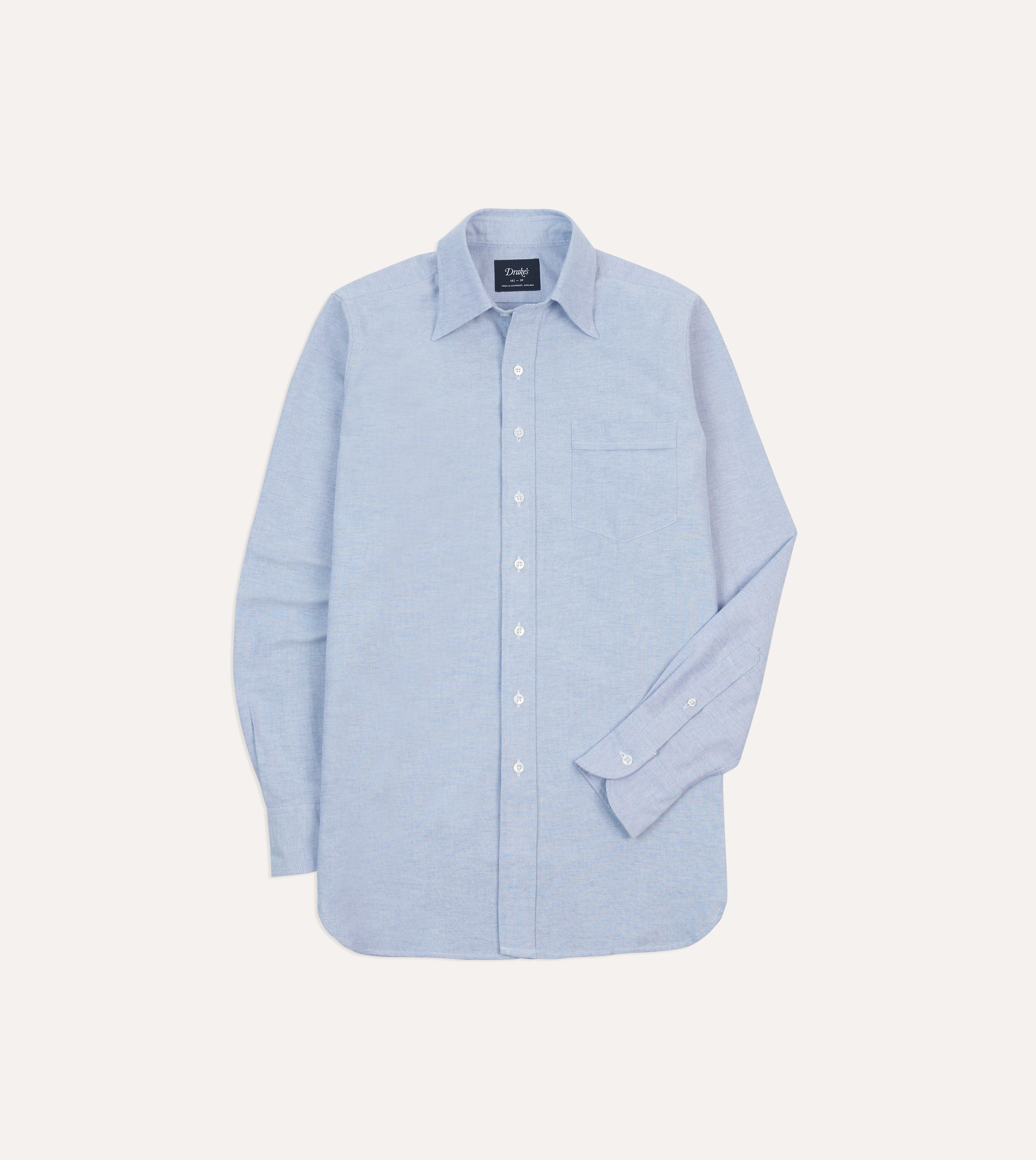 Blue Cotton Oxford Cloth Long Point Collar Shirt Metallic Finish Soft Touch Fabric