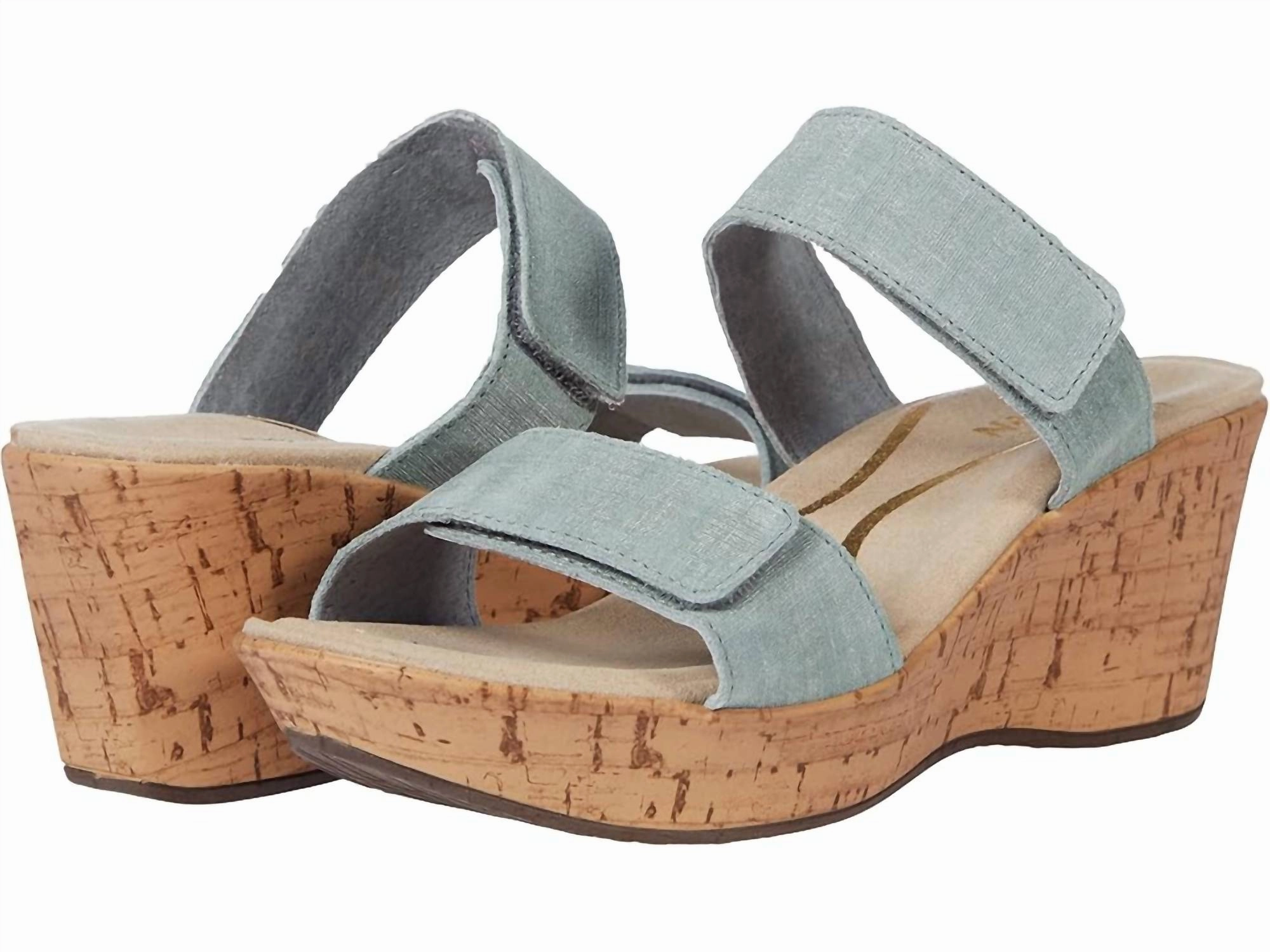 Women Caveran Wedge Sandal In Teal Linen Leather Steady Fit Lace Sole