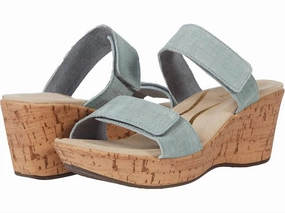Women Caveran Wedge Sandal In Teal Linen Leather Modern Design Minimal Touch