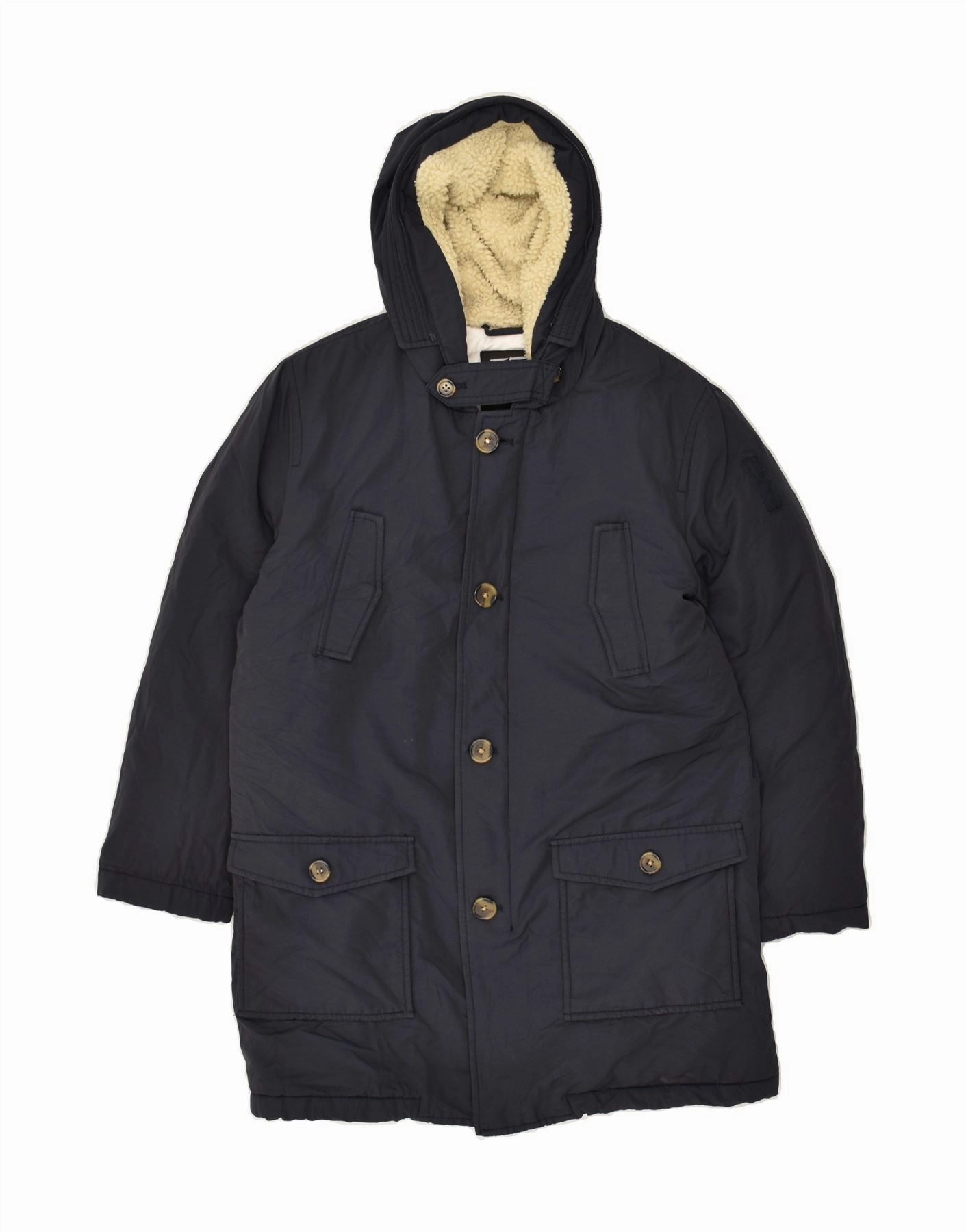 BOMBOOGIE Boys Hooded Overcoat 13-14 Years Navy Blue Cotton Silicone Grip Trim