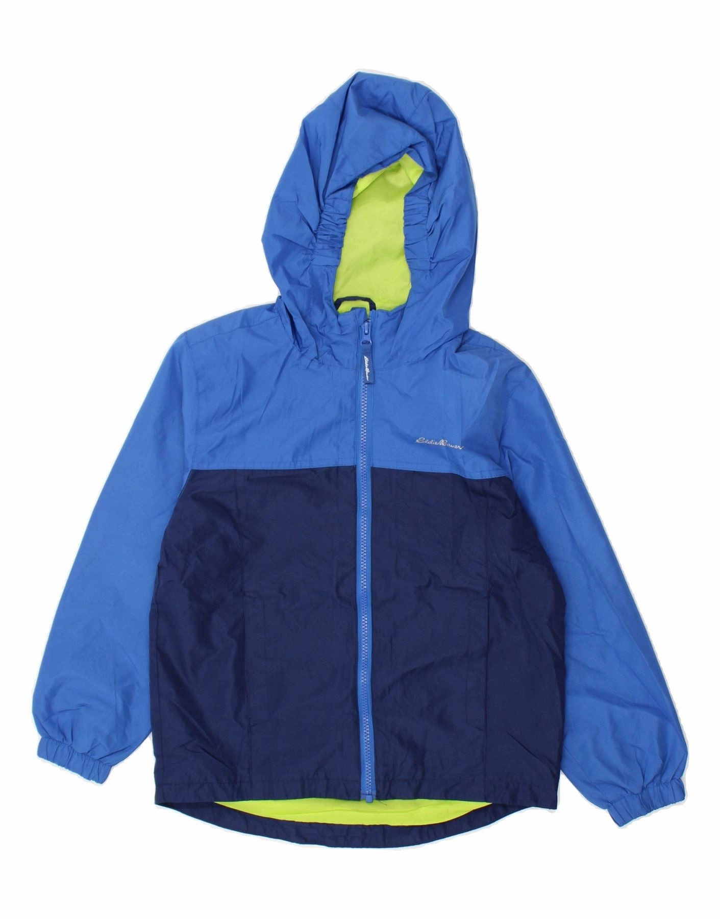 EDDIE BAUER Boys Hooded Rain Jacket 7-8 Years Small Blue Colourblock Sustain Adventure Fit