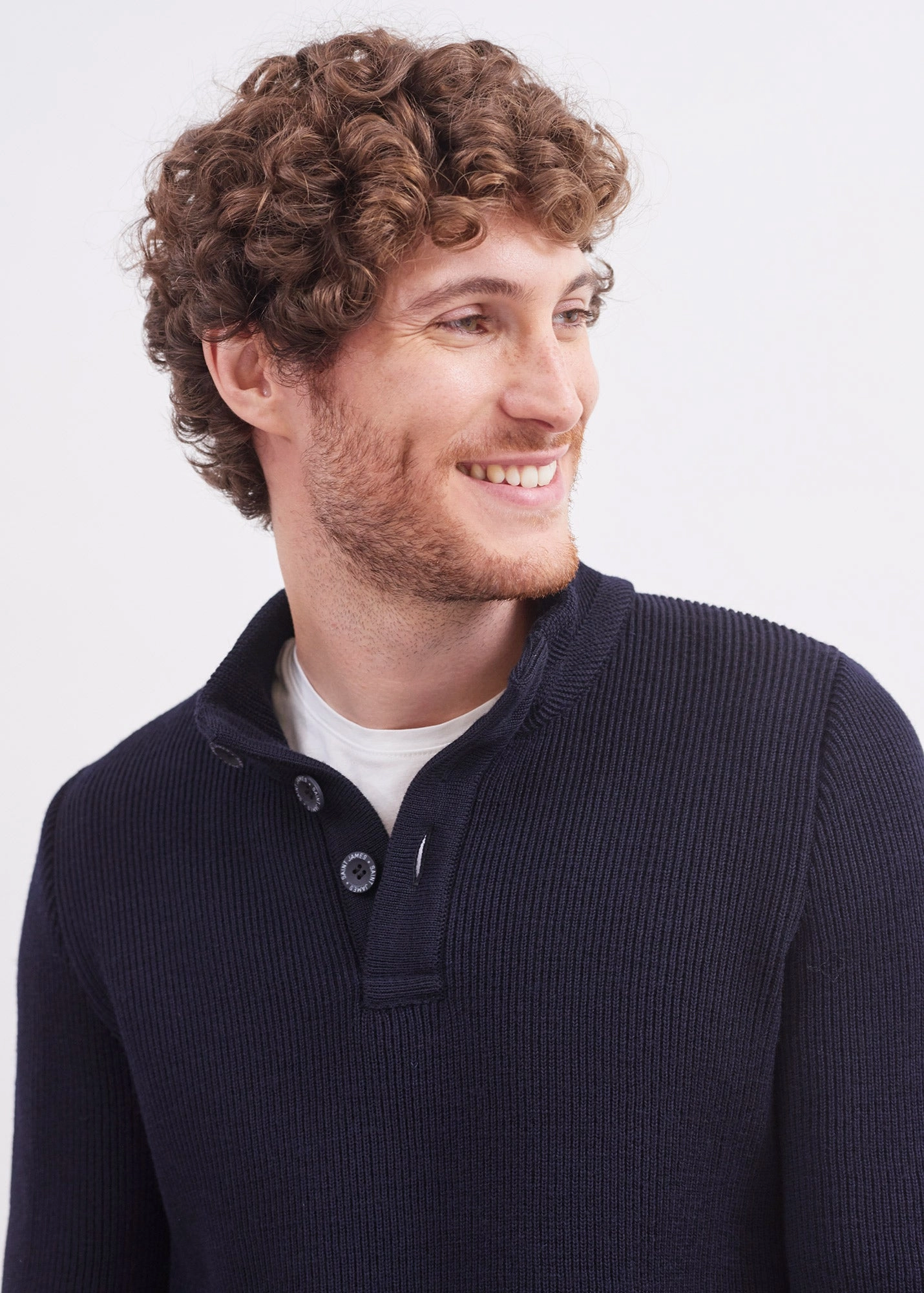 Cozy Fleece Sustainable Production Certified BOURBOULE - Buttoned High Collar Sweater for Men | Comfort Fit | 100% Wool (NAVY)