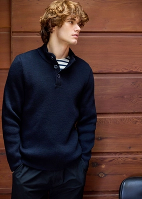 BOURBOULE - Buttoned High Collar Sweater for Men | Comfort Fit | 100% Wool (NAVY) Biodegradable Fiber Options