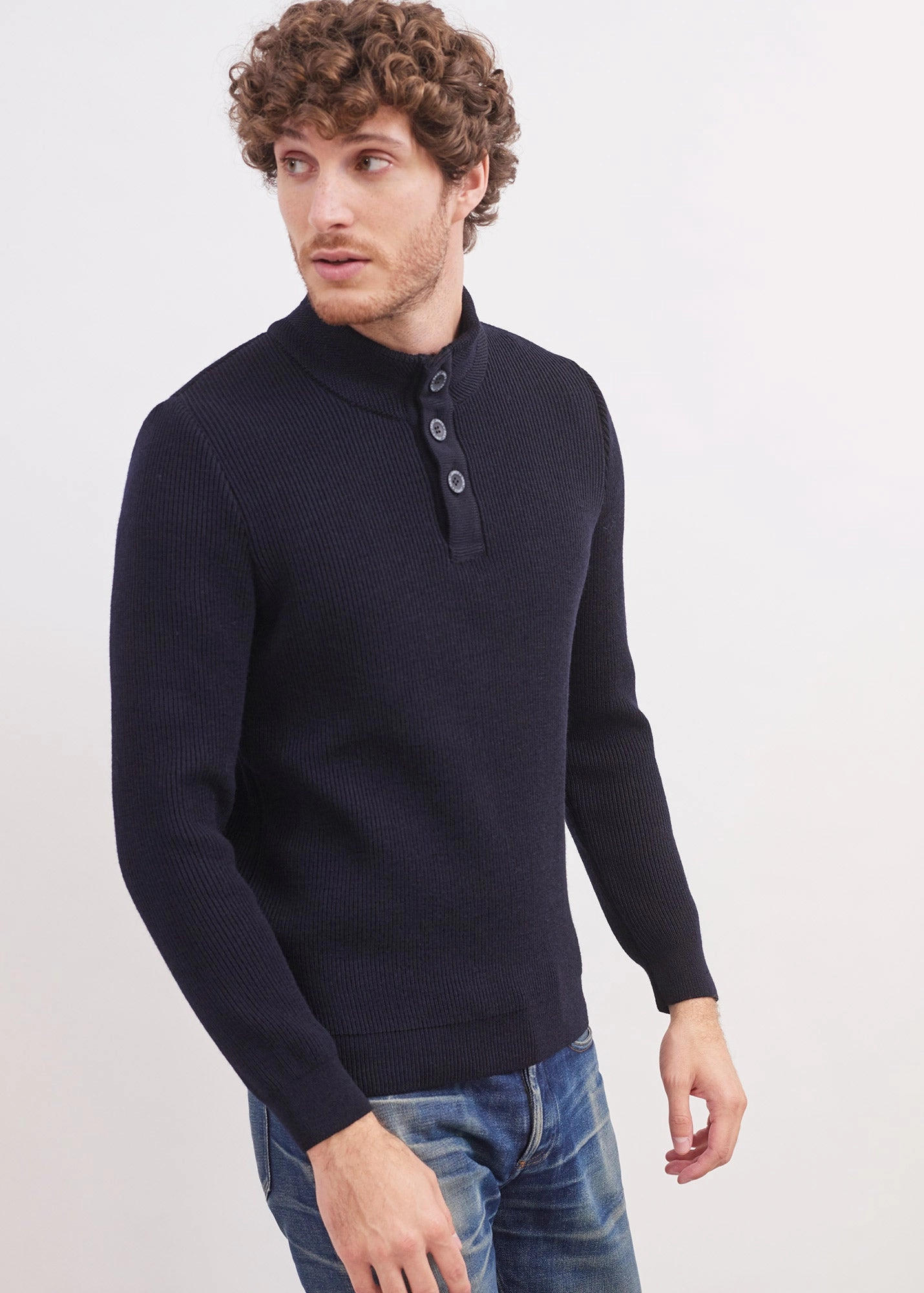 BOURBOULE - Buttoned High Collar Sweater for Men | Comfort Fit | 100% Wool (NAVY) Cold Day Outfit Vintage Wash Finish