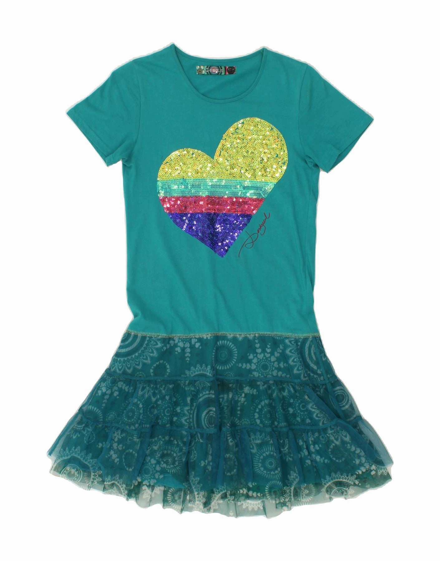 Simple Mood Modern Layers DESIGUAL Girls Graphic Drop Waist Dress 13-14 Years Turquoise Cotton