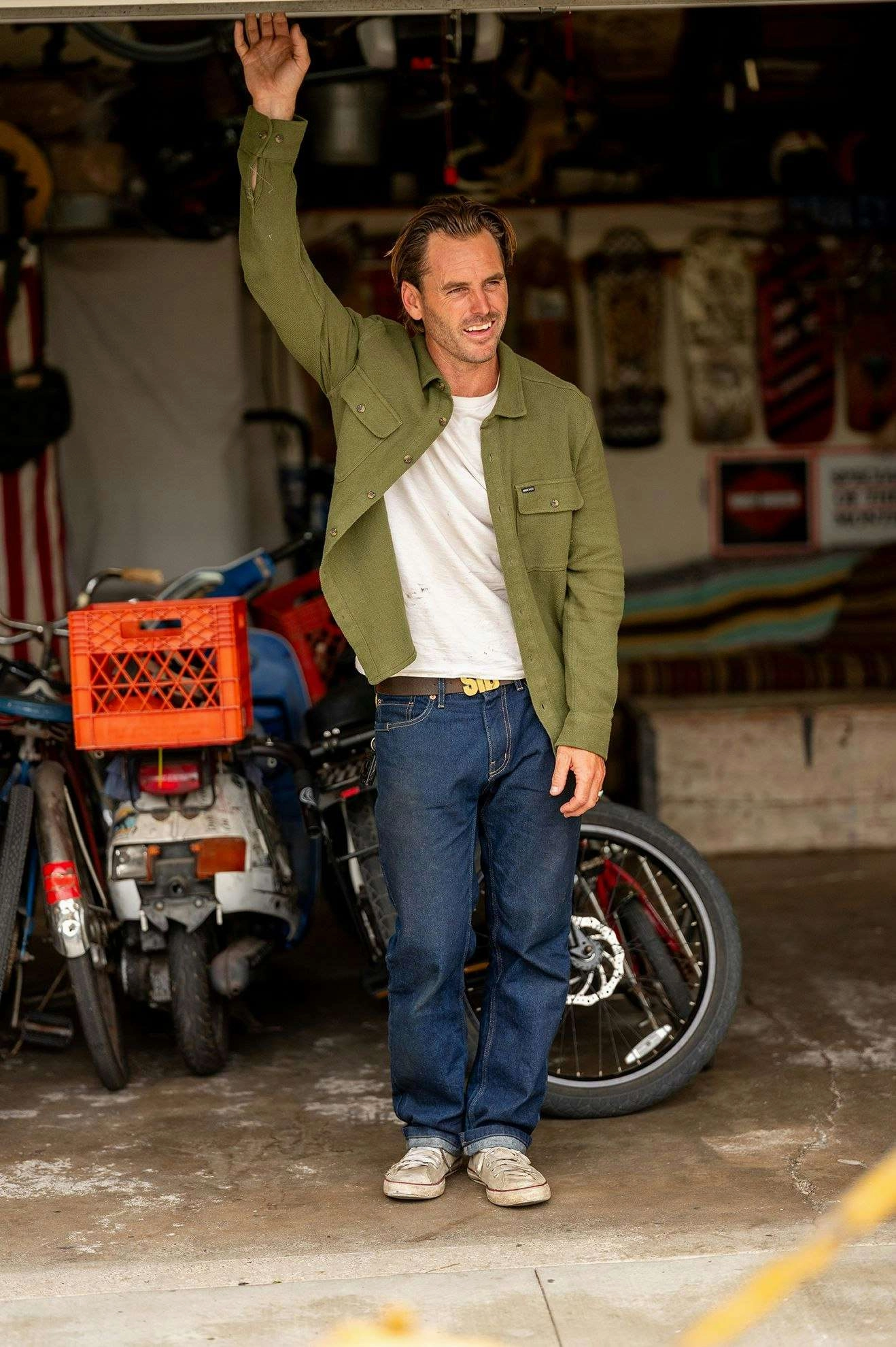 Multi Layer Stitching Pastel Shade Bowery Textured Loop Twill L/S Overshirt - Cypress Green