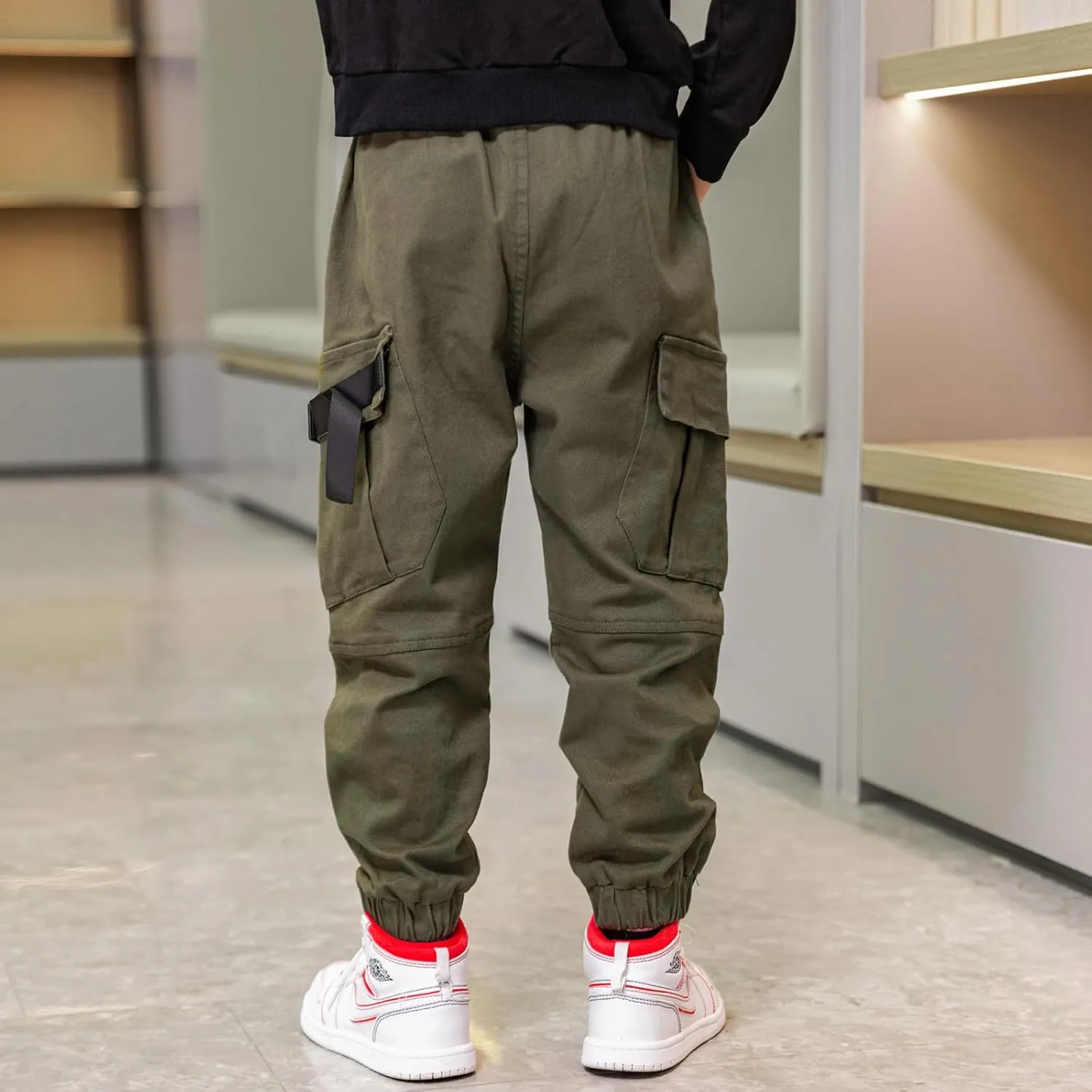 Boys Cargo Pants Cotton Casual Pants Elastic Waist Hiking School Uniform Sweatpants Joggers