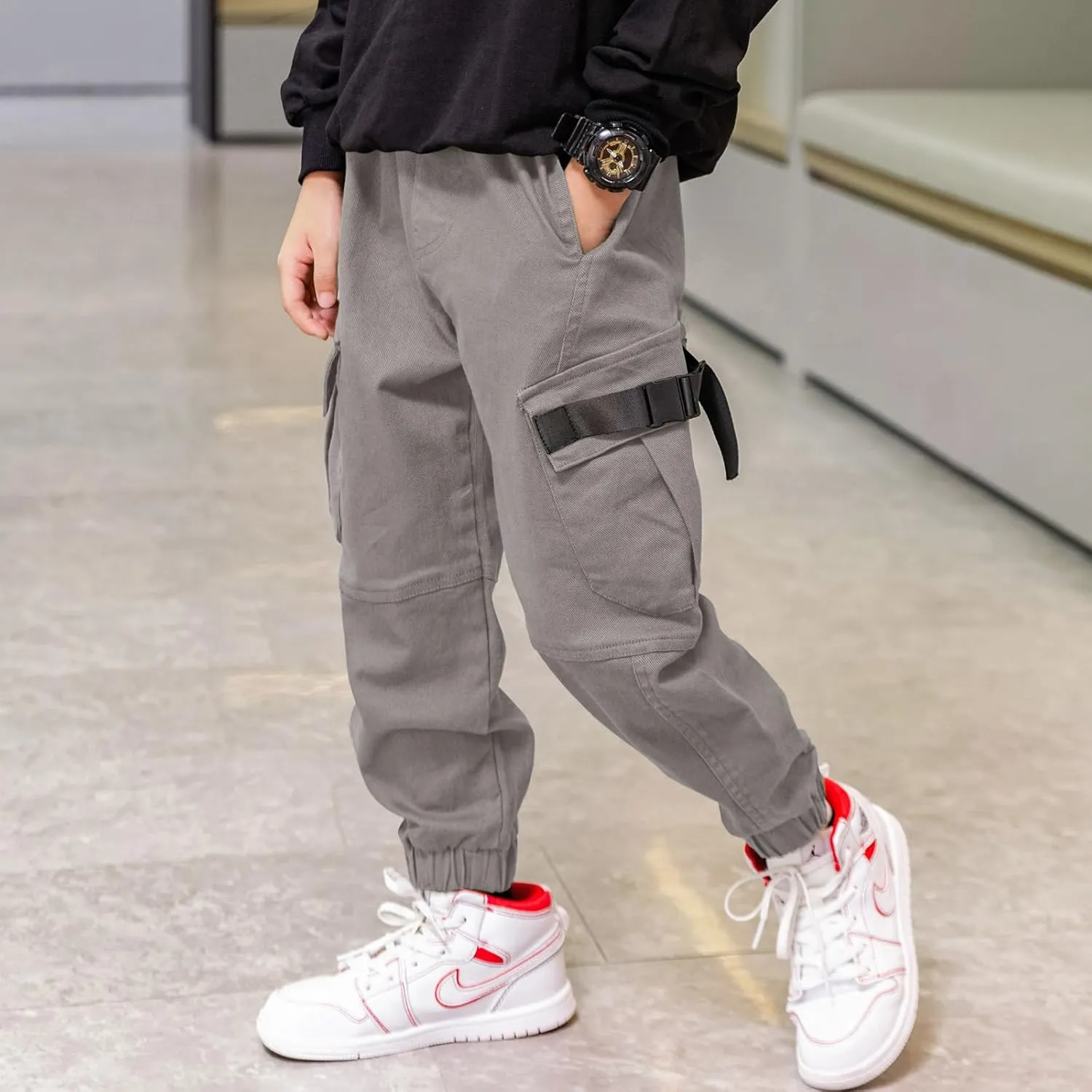 Boys Cargo Pants Cotton Casual Pants Elastic Waist Hiking School Uniform Sweatpants Joggers