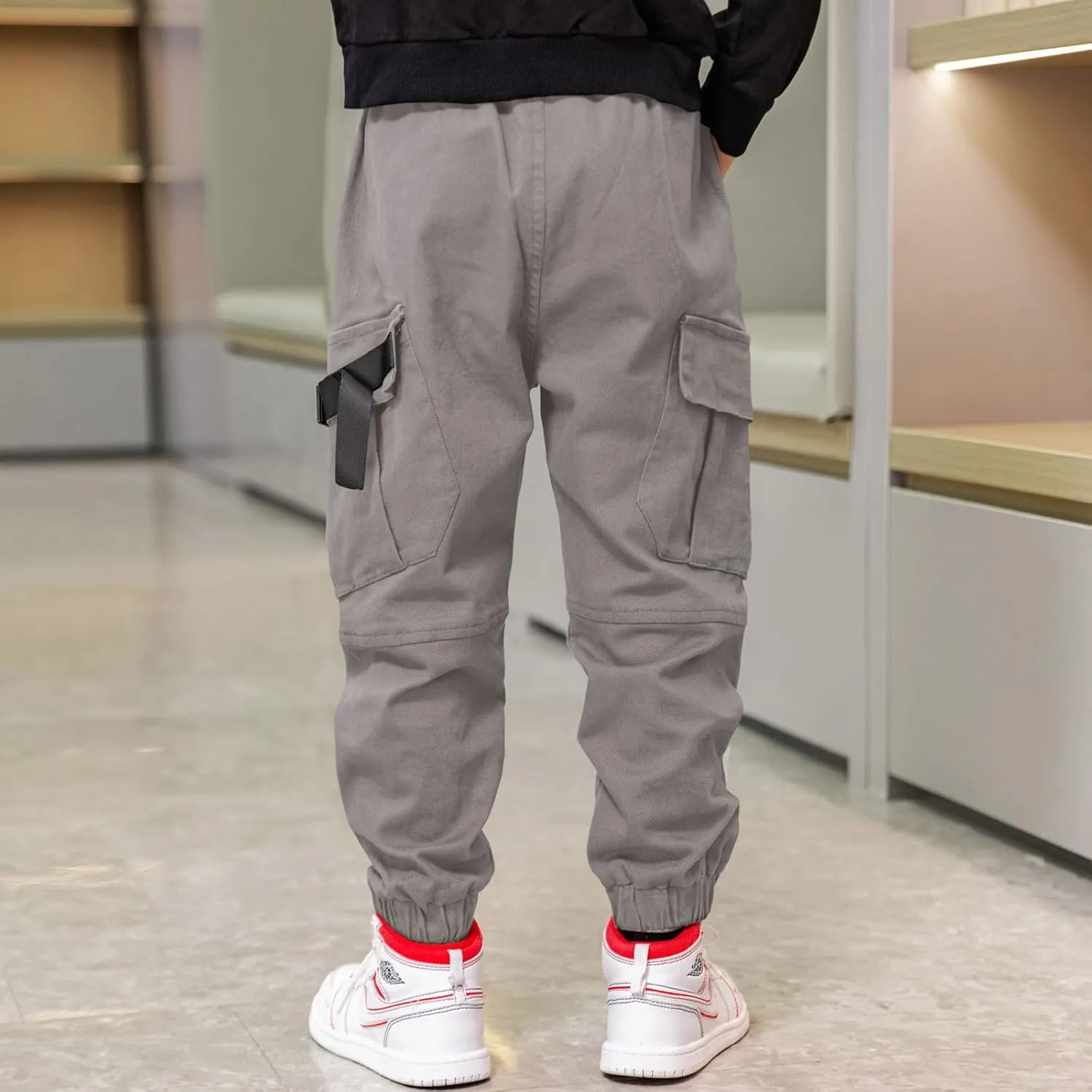 Boys Cargo Pants Cotton Casual Pants Elastic Waist Hiking School Uniform Sweatpants Joggers