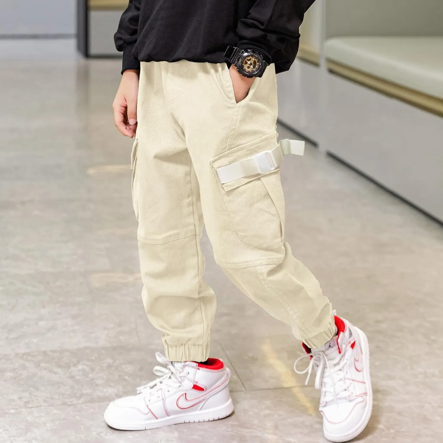 Boys Cargo Pants Cotton Casual Pants Elastic Waist Hiking School Uniform Sweatpants Joggers