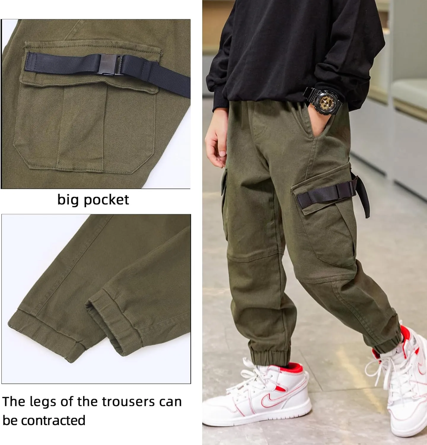 Boys Cargo Pants Cotton Casual Pants Elastic Waist Hiking School Uniform Sweatpants Joggers