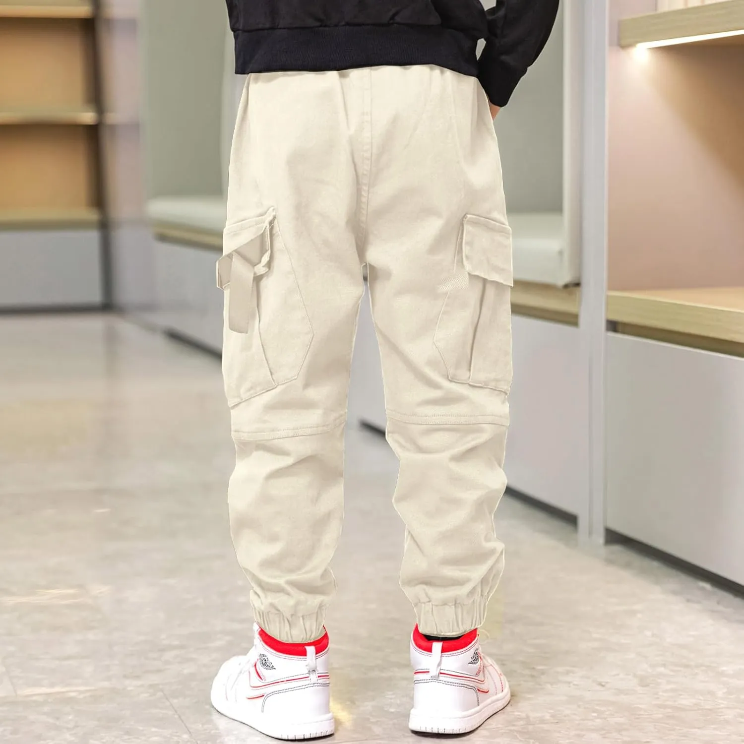 Boys Cargo Pants Cotton Casual Pants Elastic Waist Hiking School Uniform Sweatpants Joggers