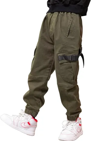 Boys Cargo Pants Cotton Casual Pants Elastic Waist Hiking School Uniform Sweatpants Joggers