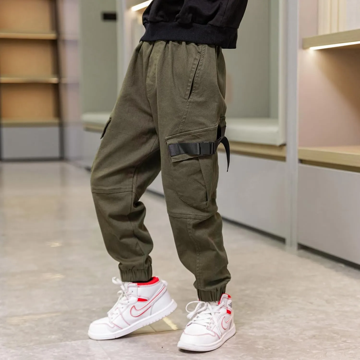 Boys Cargo Pants Cotton Casual Pants Elastic Waist Hiking School Uniform Sweatpants Joggers
