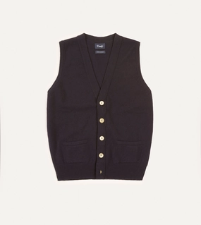 Navy Lambswool Sleeveless Cardigan Tubular Knit Structure Minimal Casual Style