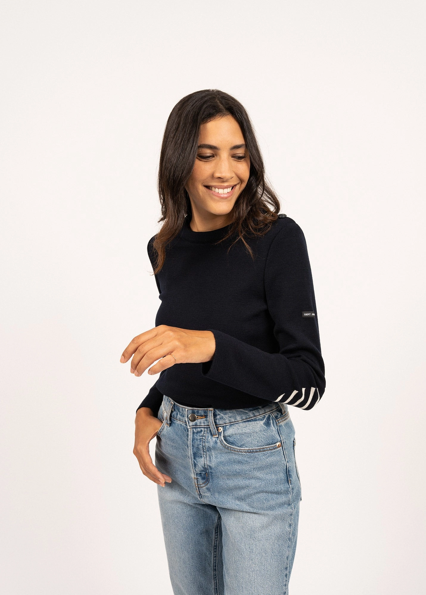 BREGANCON - Breton Sweater with Jacquard Elbow Patch for Women (NAVY) Seasonal Must-Have