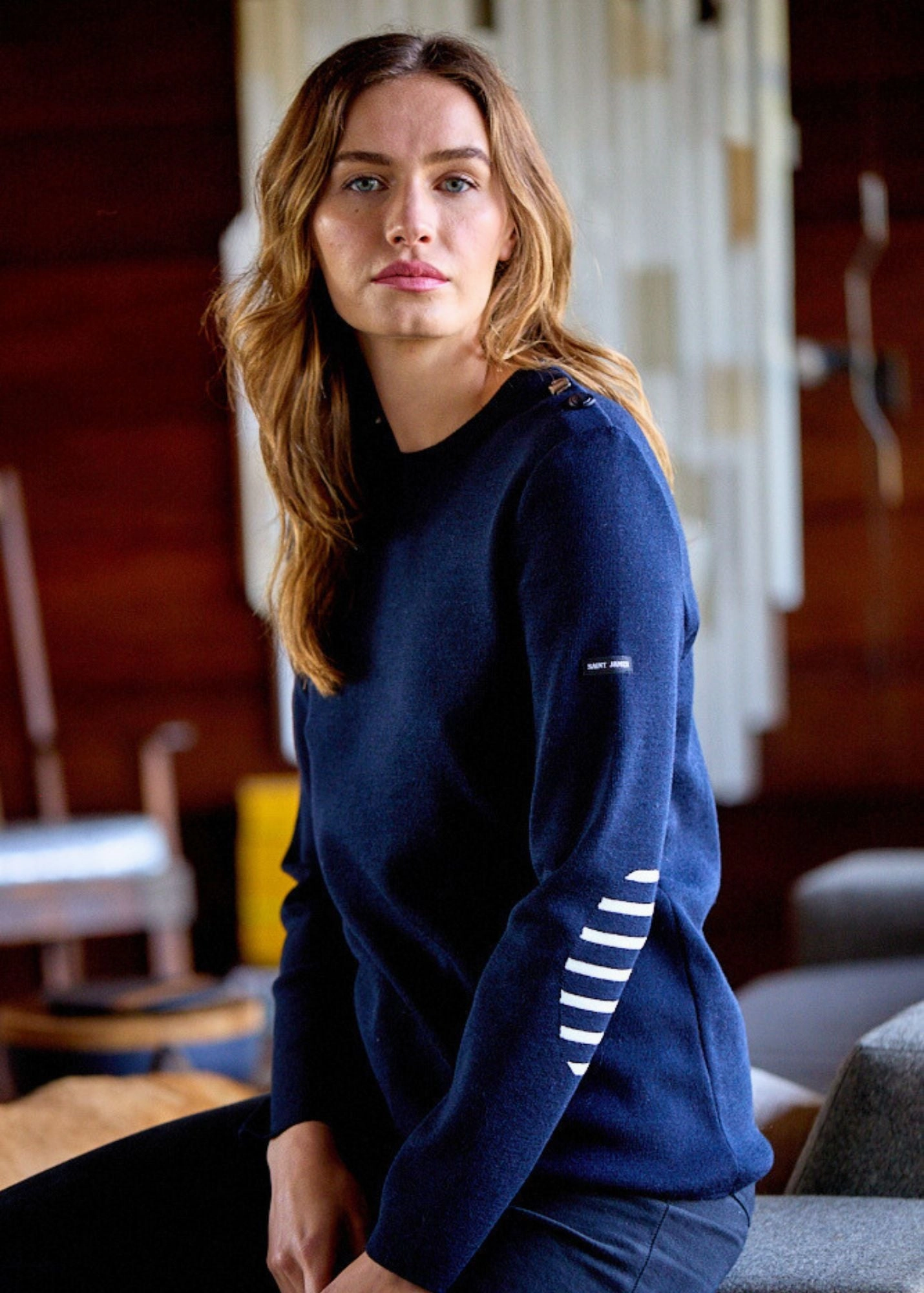 Chilly Day Knit BREGANCON - Breton Sweater with Jacquard Elbow Patch for Women (NAVY)